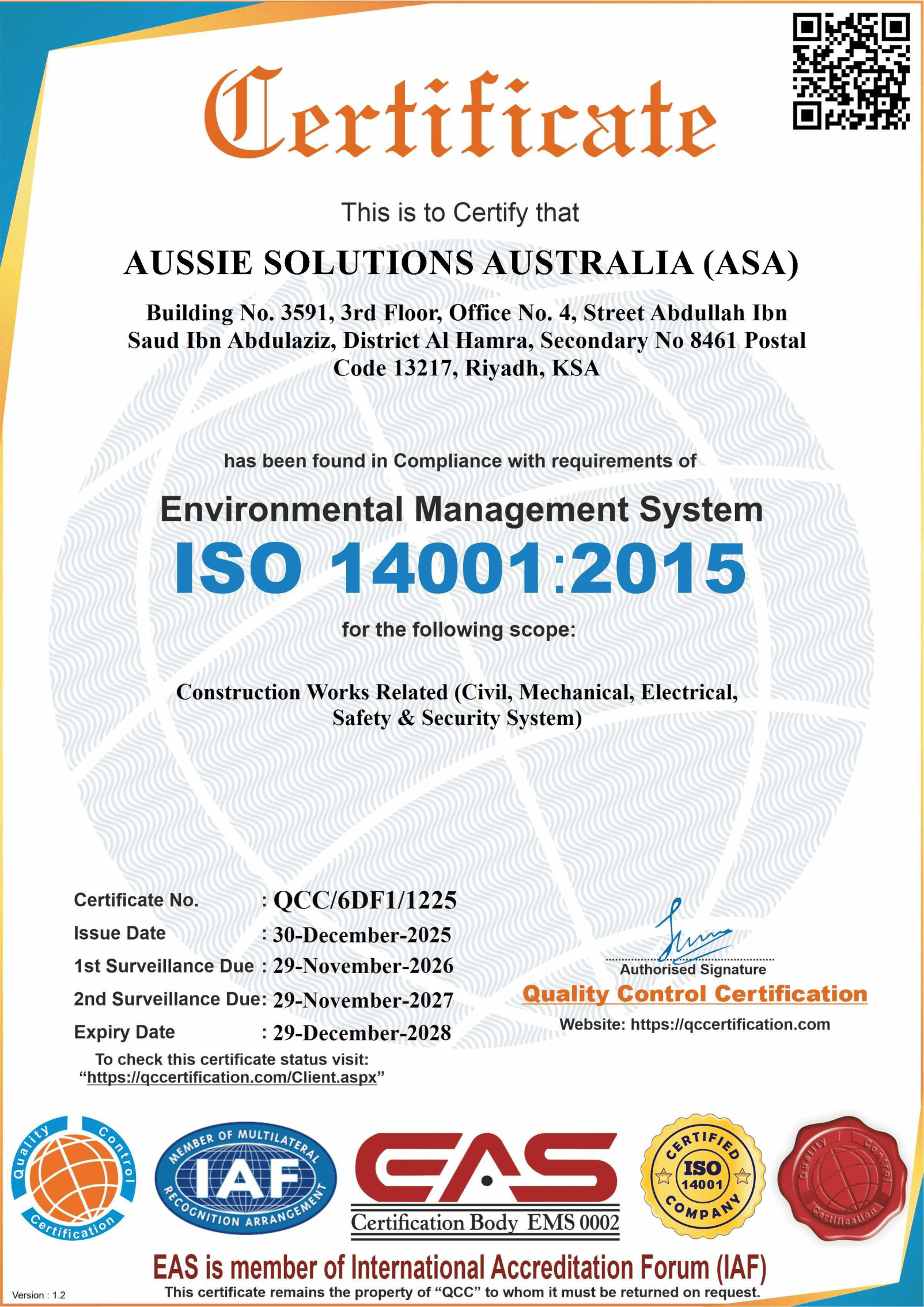 ISO 14001:2015 Certificate