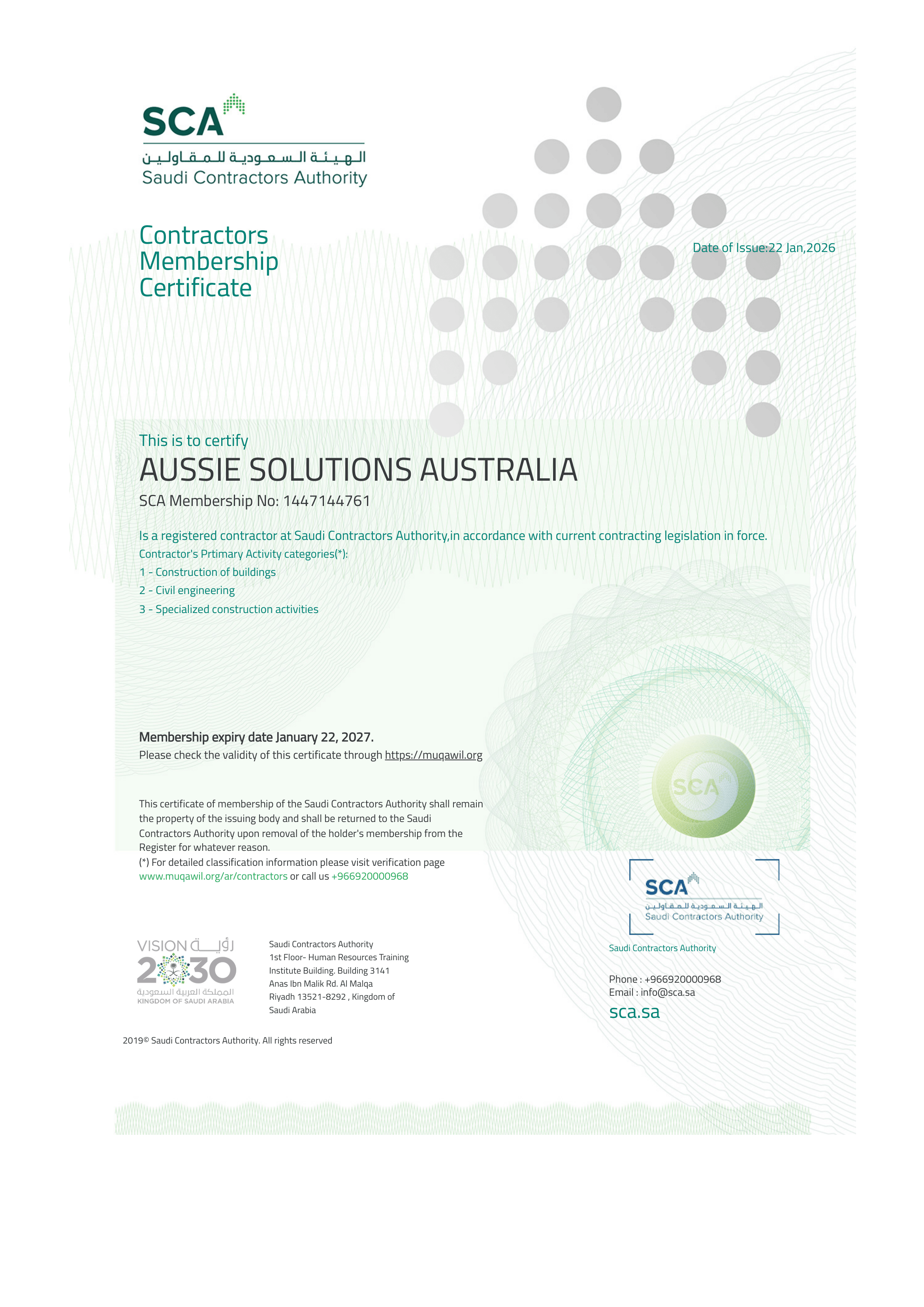 Saudi Contractors Authority Membership Certificate